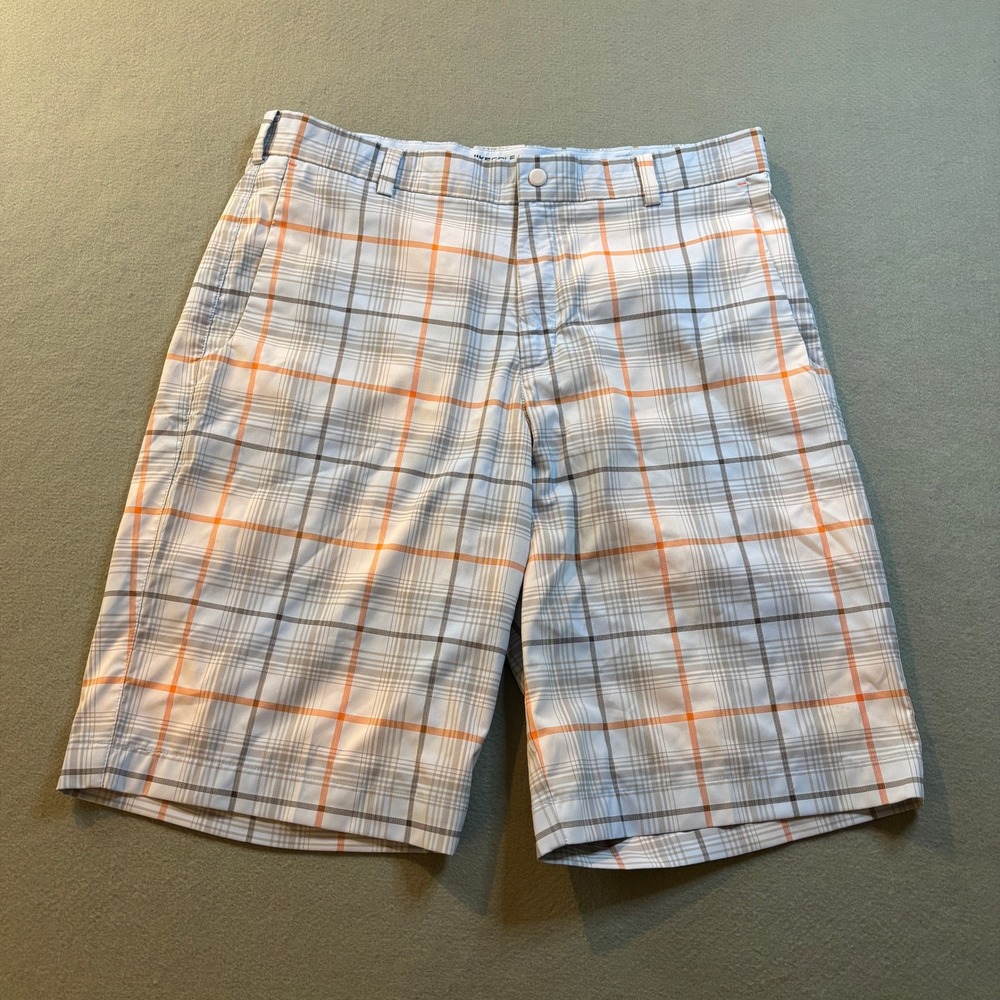 Nike Golf Tour Performance Mens 34 Plaid Shorts White Orange Gray Dri-Fit